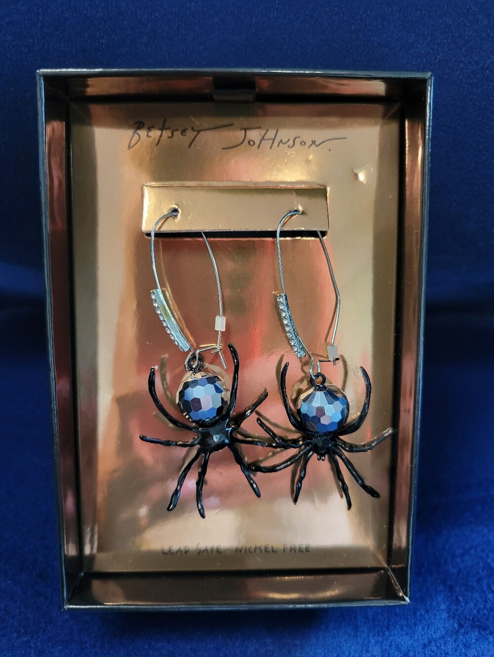 Betsey Johnson Black Spider Drop Earrings with Iridescent Bead